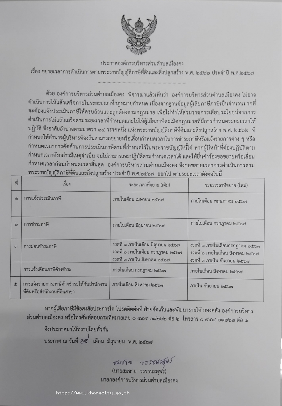ประกาศขยายเวลาการดำเนินการตามพระราชบัญญัติภาษีที่ดินและสิ่งปลูกสร้าง พ.ศ.2562 ประจำปี 2567 (อีก 1 เดือน)